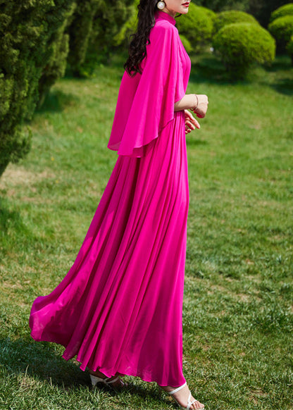 French Red Turtleneck Wrinkled Slim Silk Long a Line Dress Summer