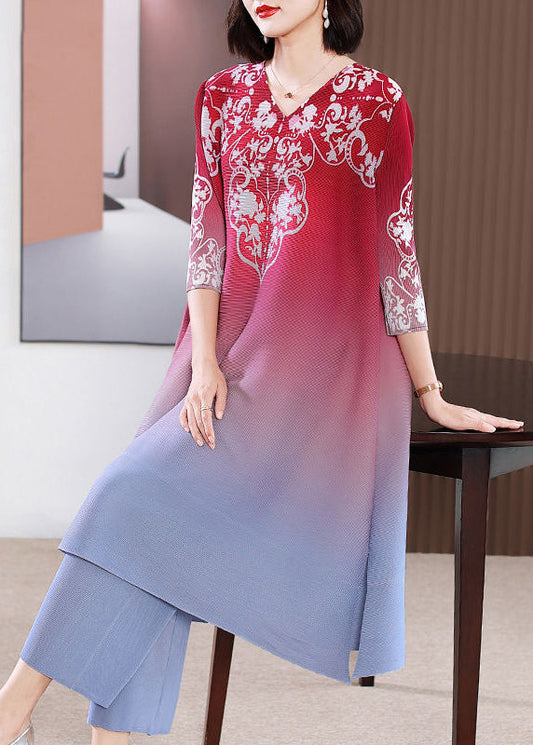 French Red V Neck Print Gradient Color a Line Dress Two Pieces Set Summer