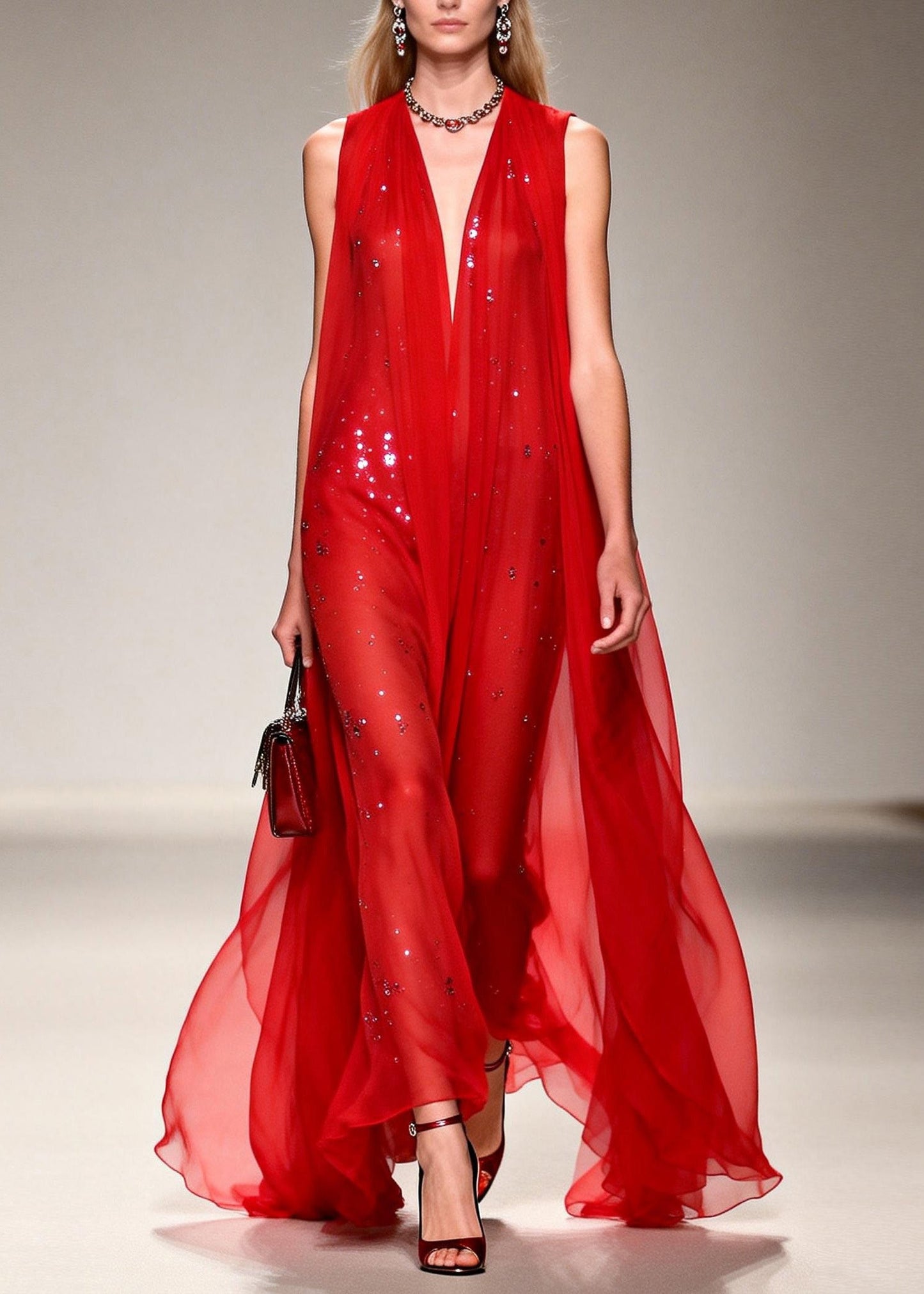 French Red V Neck Zircon Patchwork Chiffon Ankle Dress Sleeveless