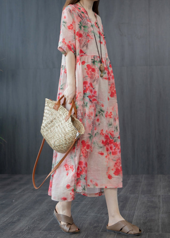 French Red Wrinkled V Neck Linen Long Dress Short Sleeve
