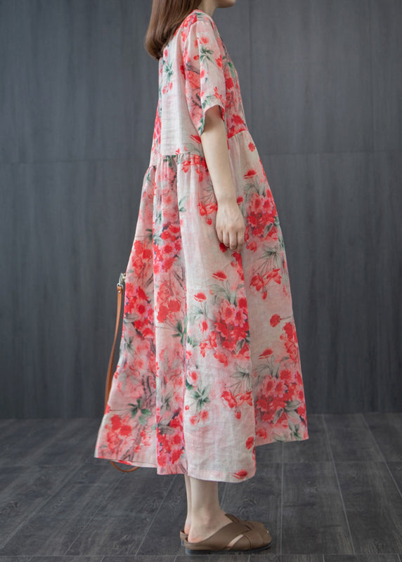 French Red Wrinkled V Neck Linen Long Dress Short Sleeve