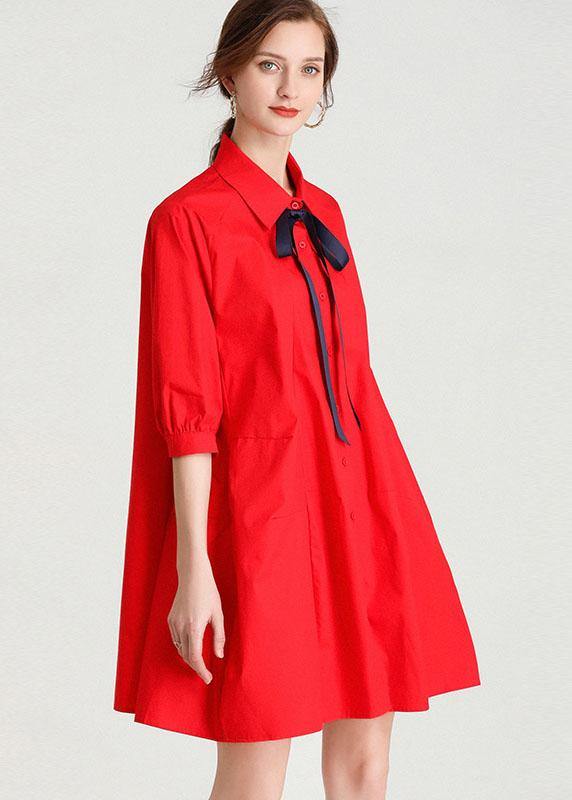 French Red Slim Fit Summer Cotton Half Sleeve Party Dress