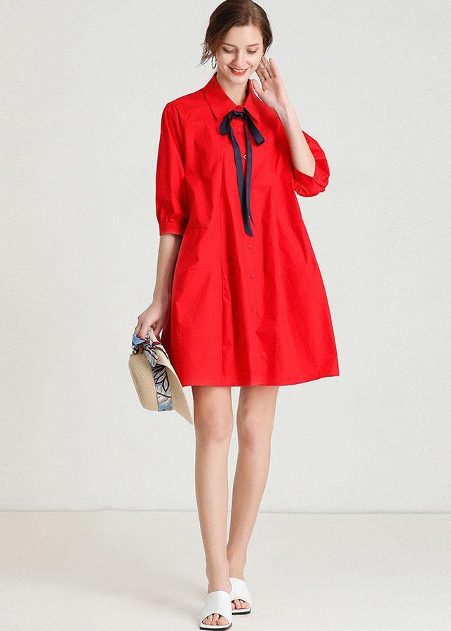 French Red Slim Fit Summer Cotton Half Sleeve Party Dress