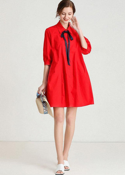 French Red Slim Fit Summer Cotton Half Sleeve Party Dress
