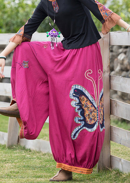 French Rose Embroidered Linen Harem Pants