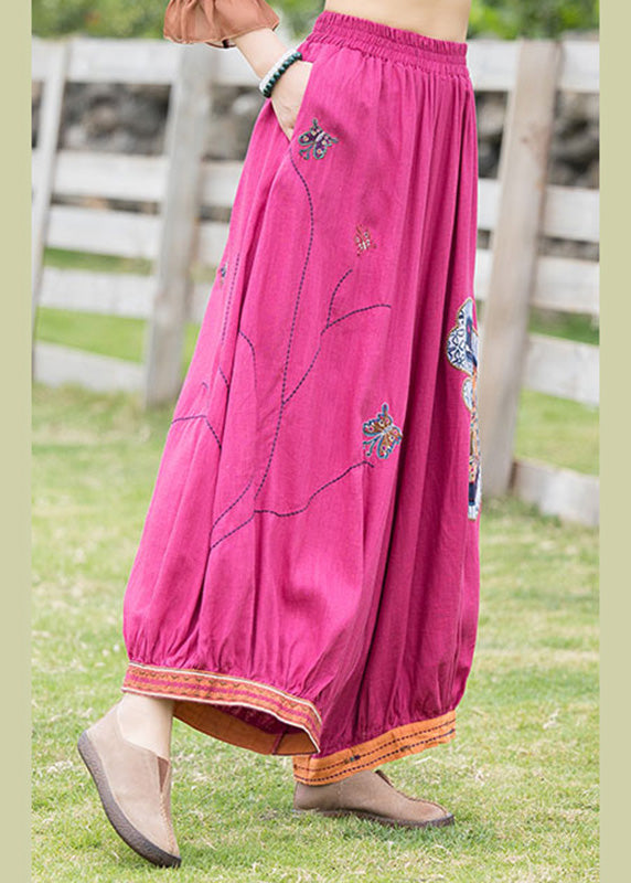 French Rose Embroidered Linen Harem Pants