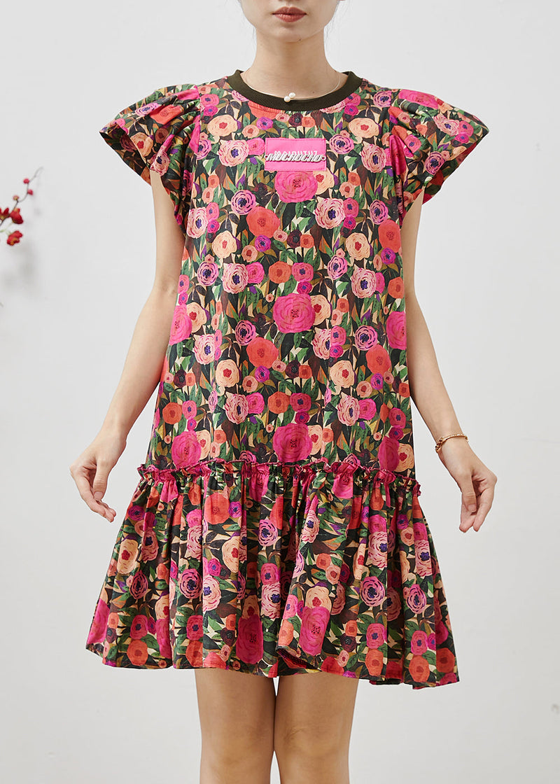 French Rose Cotton Mini Dresses Petal Sleeve