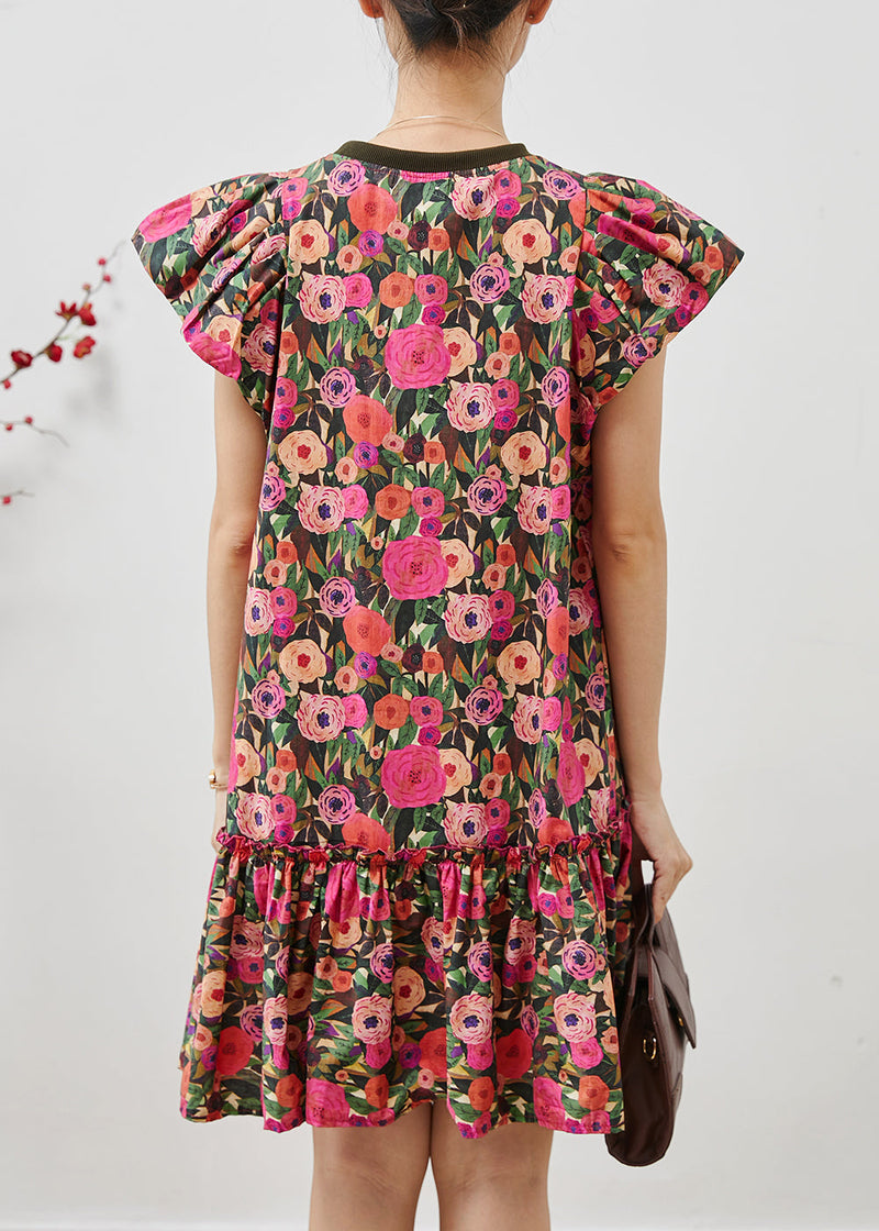 French Rose Cotton Mini Dresses Petal Sleeve