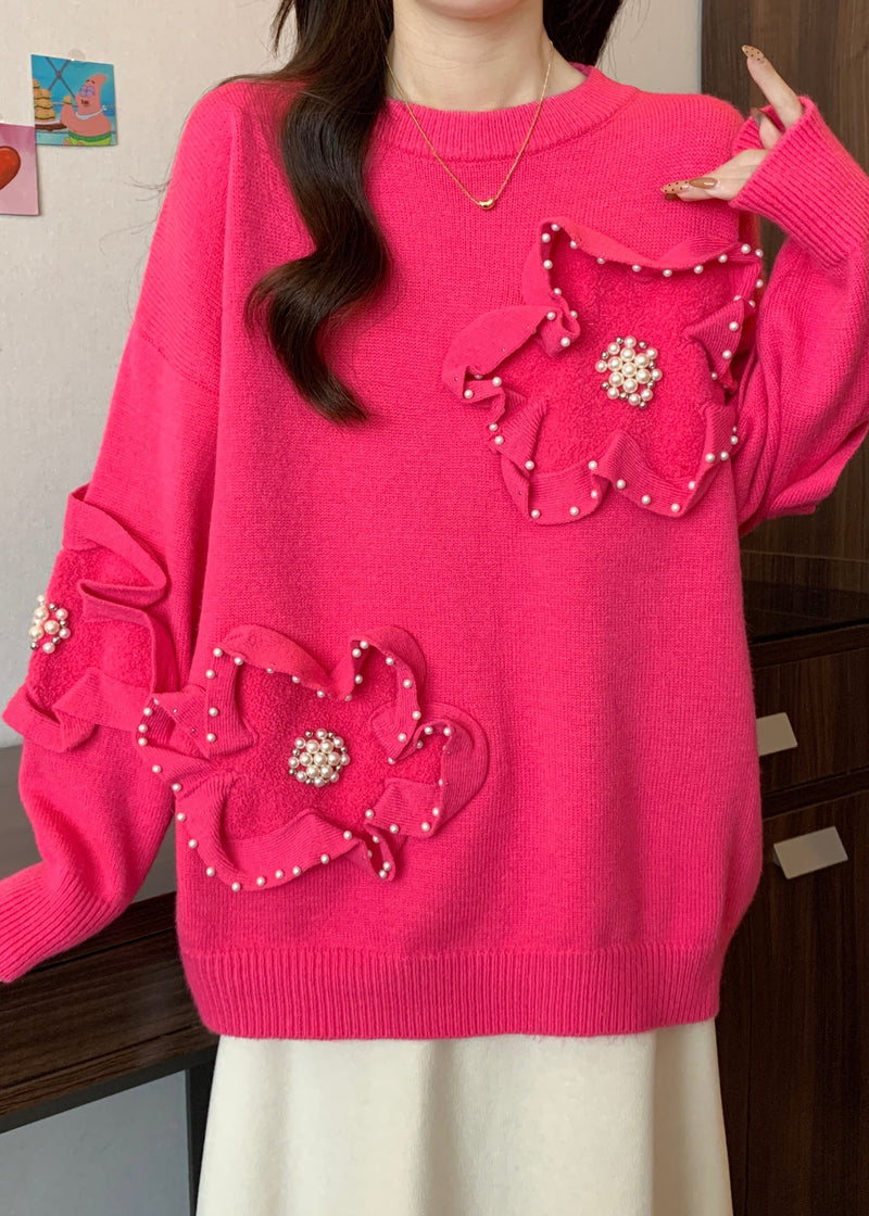 French Rose O Neck Nail Bead Knit Sweater Tops Spring