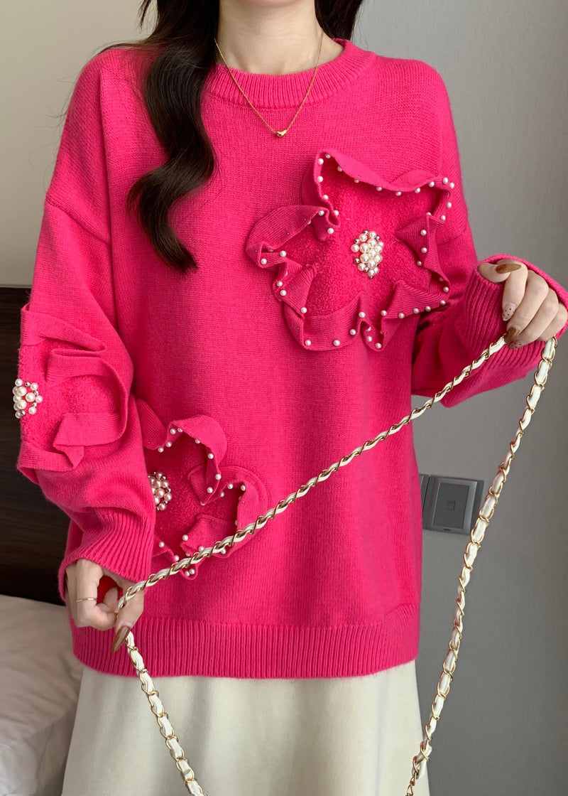 French Rose O Neck Nail Bead Knit Sweater Tops Spring