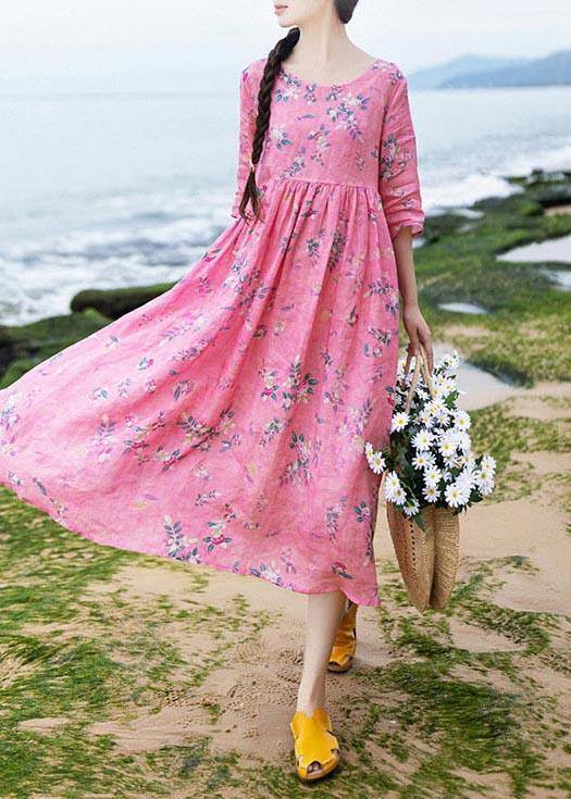 French Rose Print Cinched Pockets Maxi Summer Linen Dress