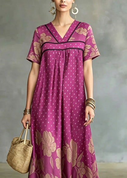 French Rose Print Wrinkled Ice Silk Maxi Dresses Summer