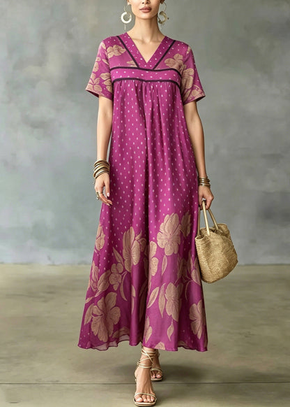 French Rose Print Wrinkled Ice Silk Maxi Dresses Summer