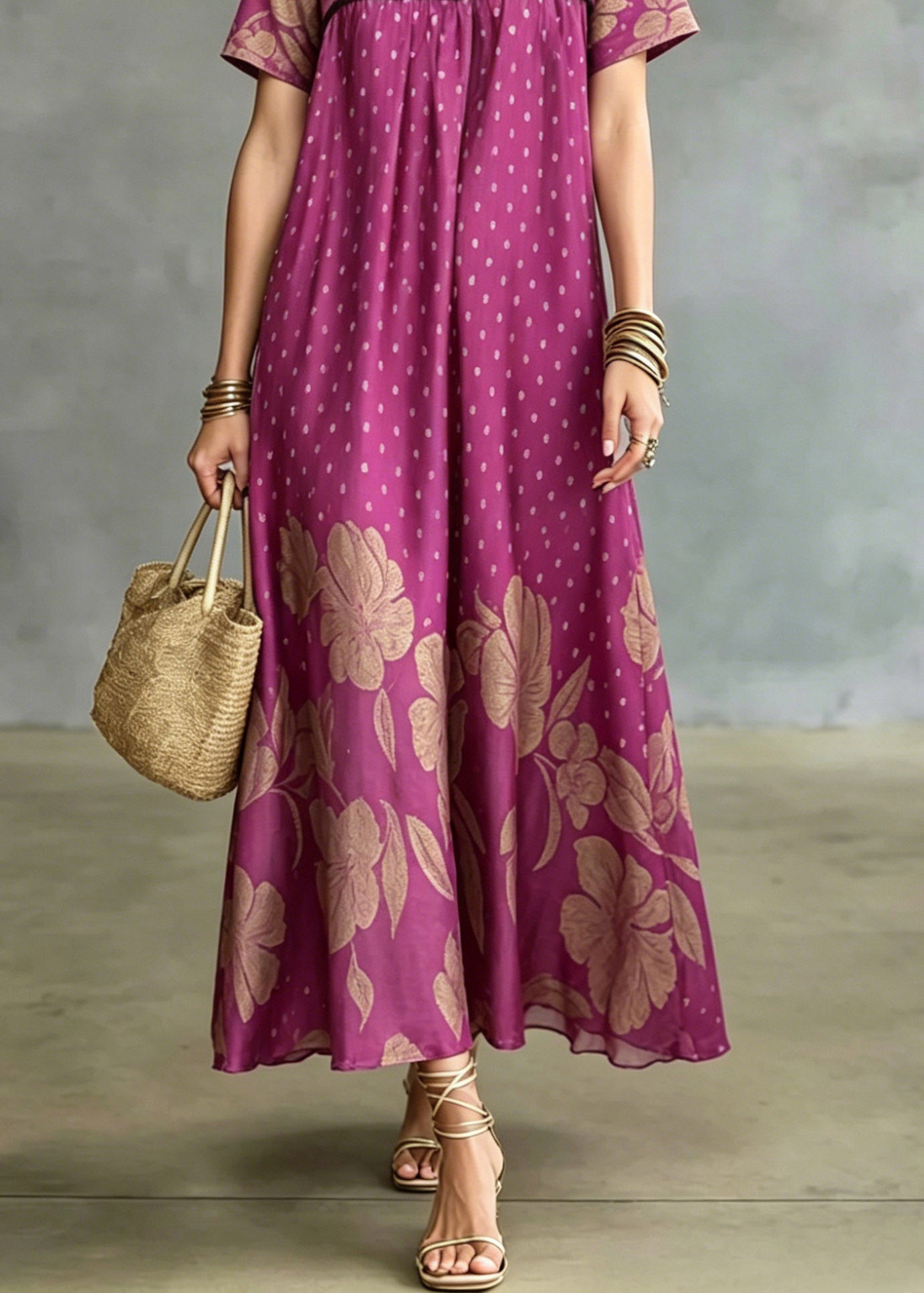 French Rose Print Wrinkled Ice Silk Maxi Dresses Summer