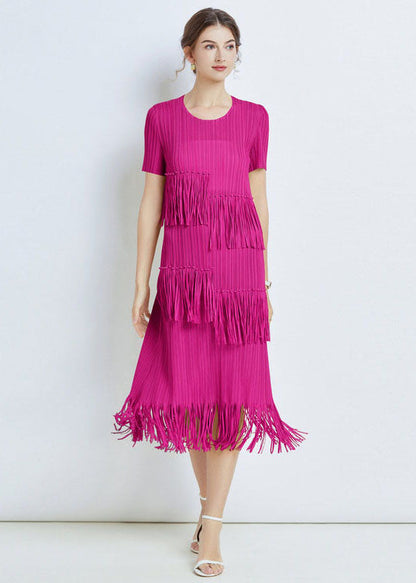 French Rose Tasseled Patchwork Wrinkled Chiffon Dresses Short Sleeve