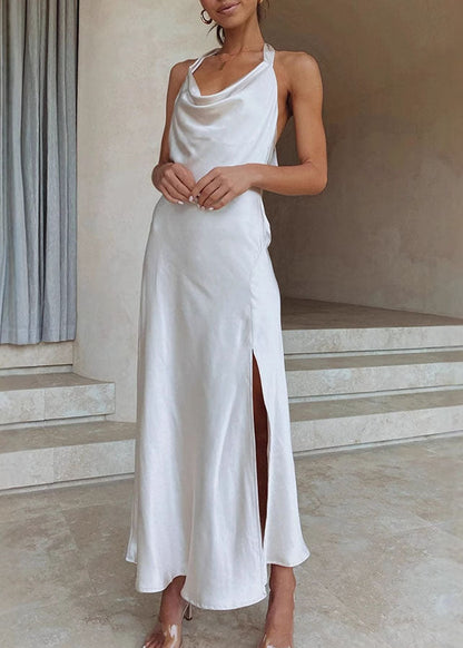 French Green Backless Side Open Silk Dress Summer