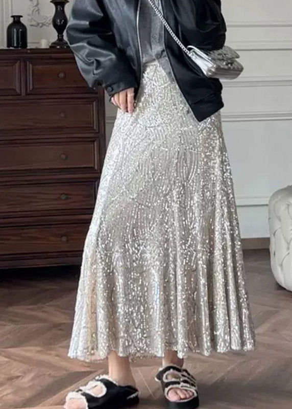 French Silver High Waist Sequins Maxi Skirts Summer