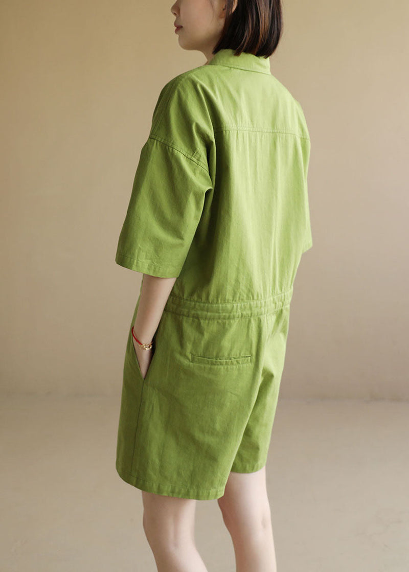 French Green Button Peter Pan Collar Pocket Cotton Jumpsuit Half Sleeve