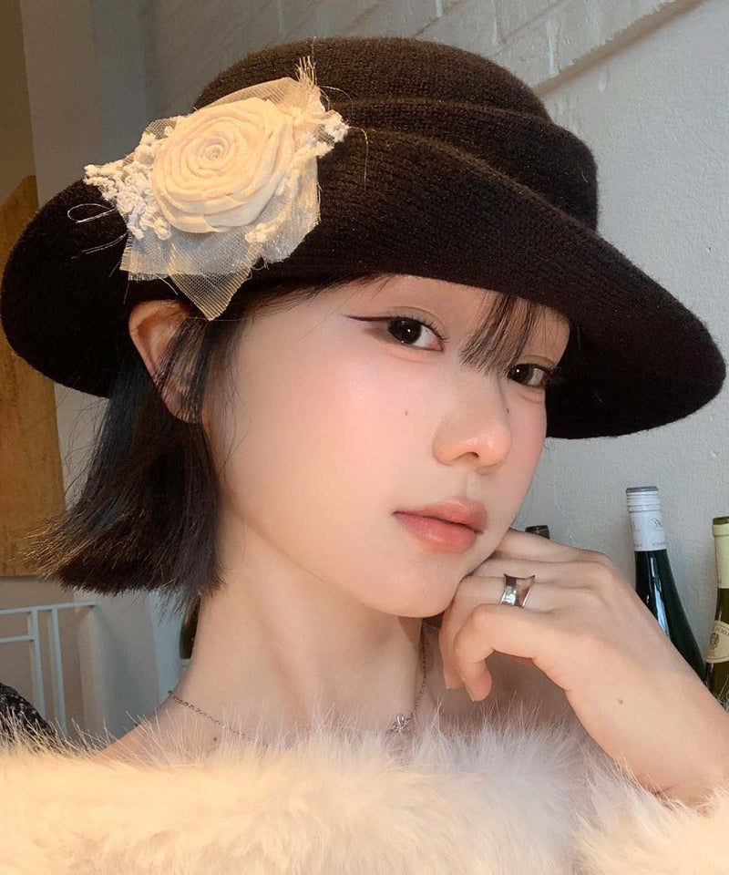 French Style Black Knit Cloche Hat