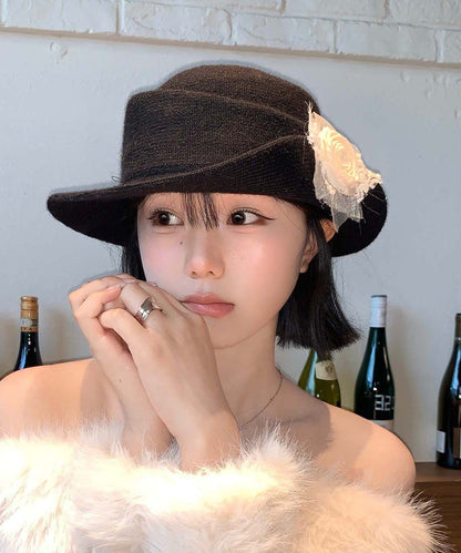 French Style Black Knit Cloche Hat