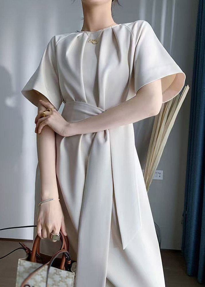 French Tie Waist Long Dress Short Sleeve