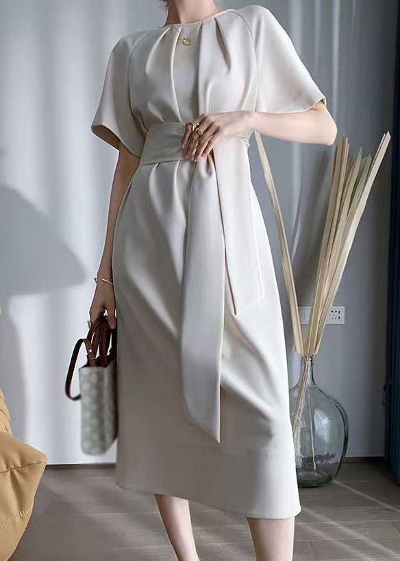 French Tie Waist Long Dress Short Sleeve