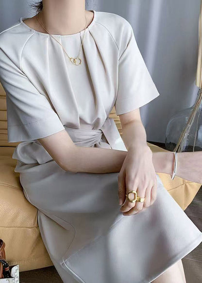 French Tie Waist Long Dress Short Sleeve