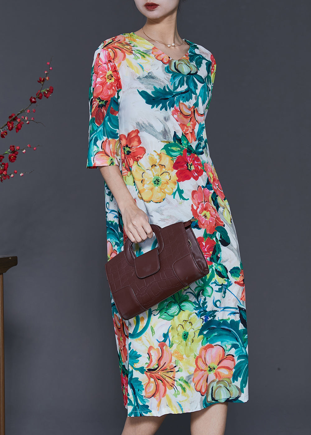 French V Neck Print Silk Dress Half Sleeve
