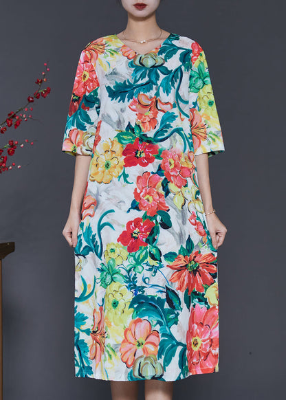 French V Neck Print Silk Dress Half Sleeve