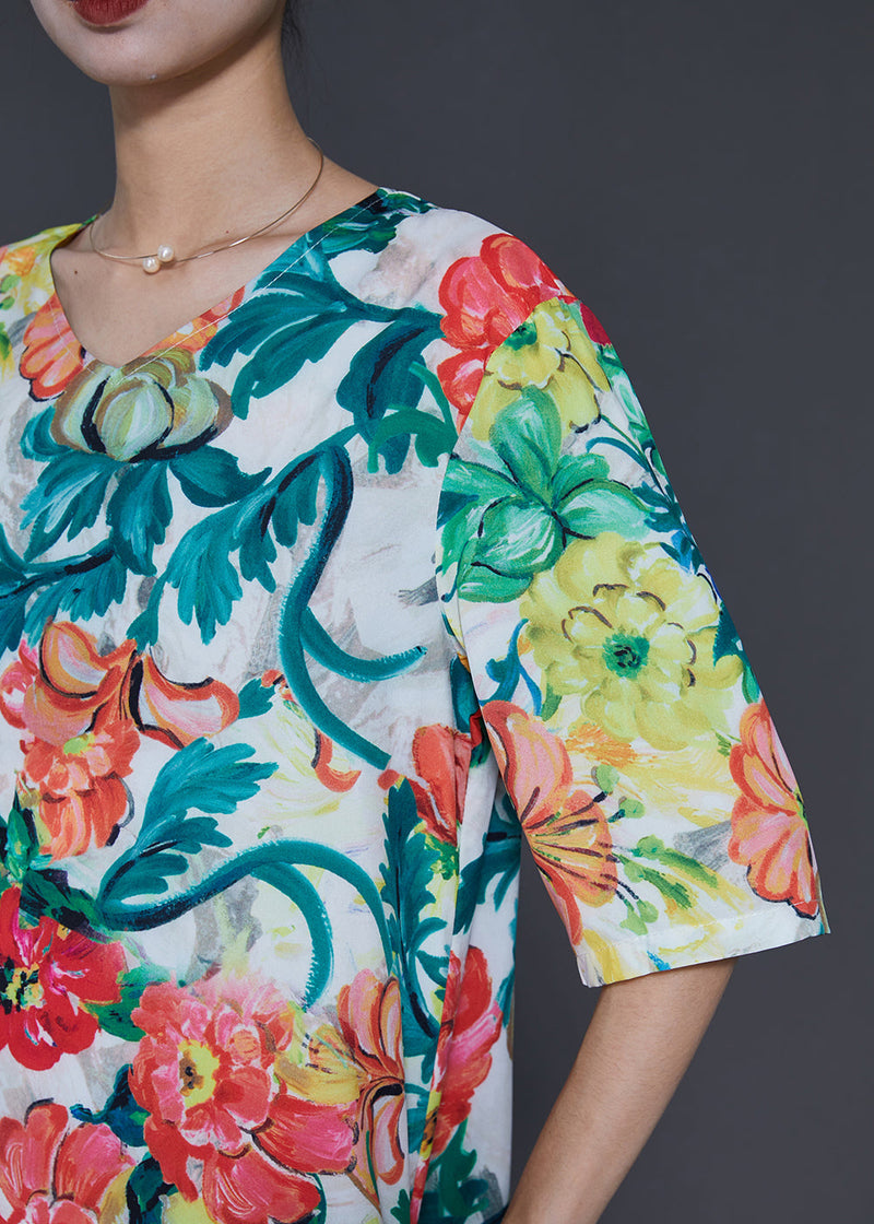 French V Neck Print Silk Dress Half Sleeve