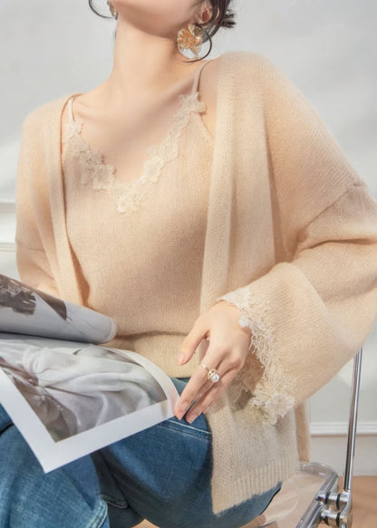 French V Neck Lace Patchwork Knit Two Pieces Set Spring