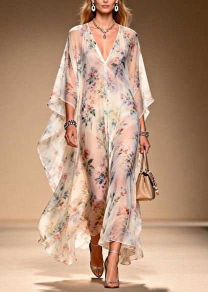 French V Neck Print Chiffon Long Dresses Summer
