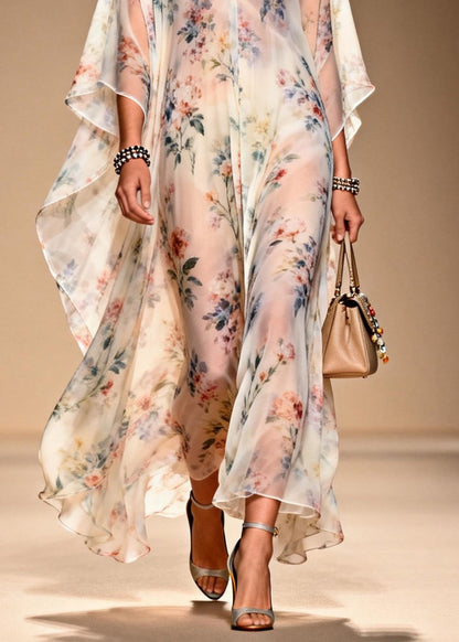 French V Neck Print Chiffon Long Dresses Summer
