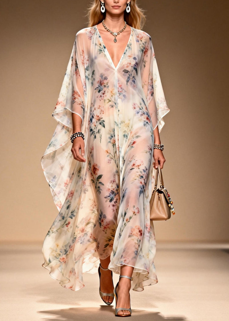 French V Neck Print Chiffon Long Dresses Summer