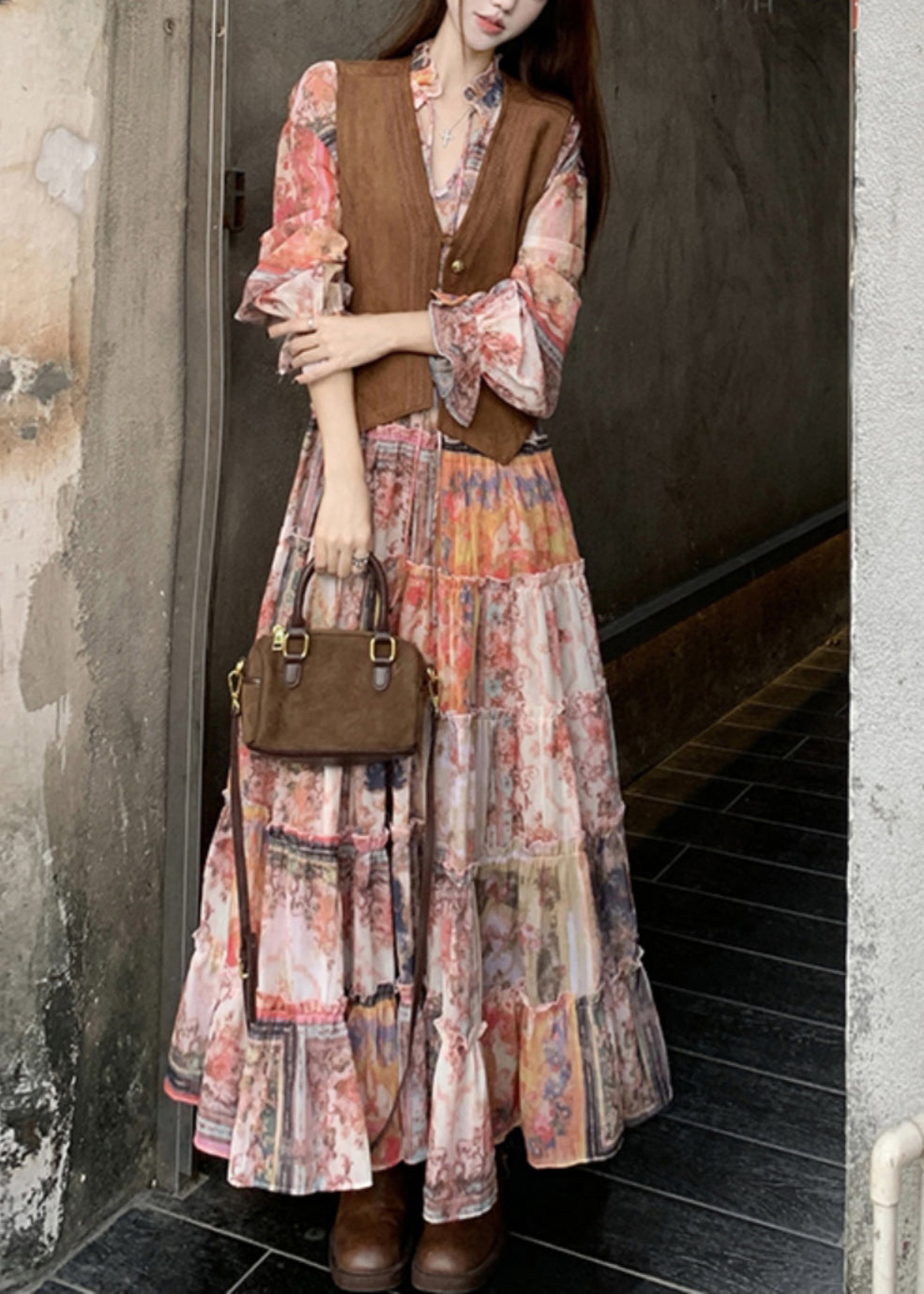 French V Neck Print Waistcoat and Maxi Dress Two Pieces Set Flare Sleeve