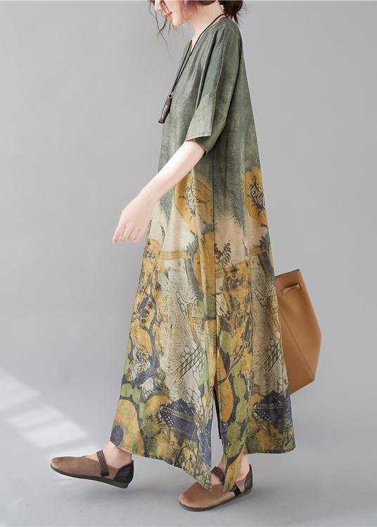 French V Neck Side Open Spring Tunic Dress Peacock Print Kaftan Dress