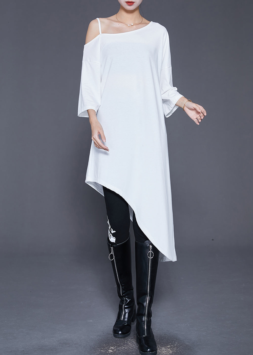 French White Asymmetrical One-shoulder Cotton Maxi Dress Summer