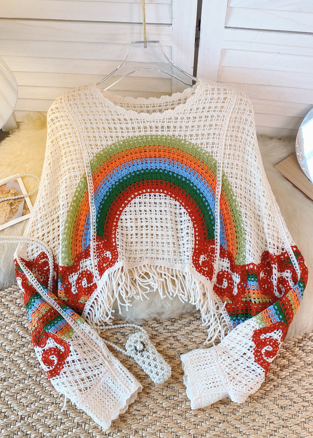 French White Blue Tassel Hollowed Out Rainbow Print Knitted Sweater Autumn