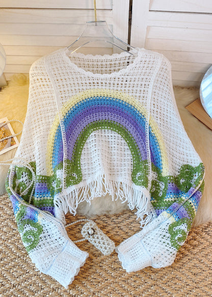 French White Blue Tassel Hollowed Out Rainbow Print Knitted Sweater Autumn