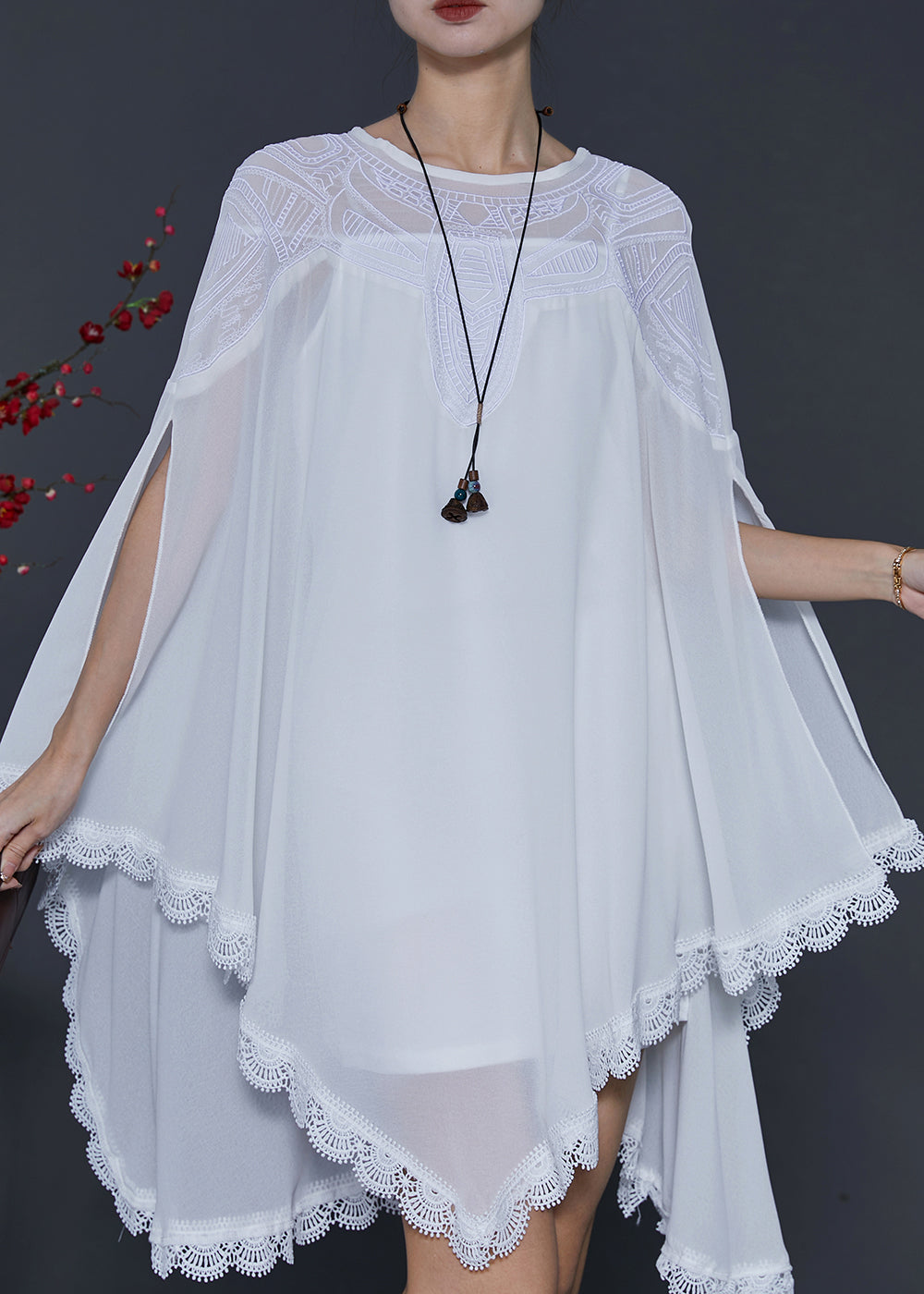 French White Embroidered Asymmetrical Chiffon Upf 50+ Shirt Summer