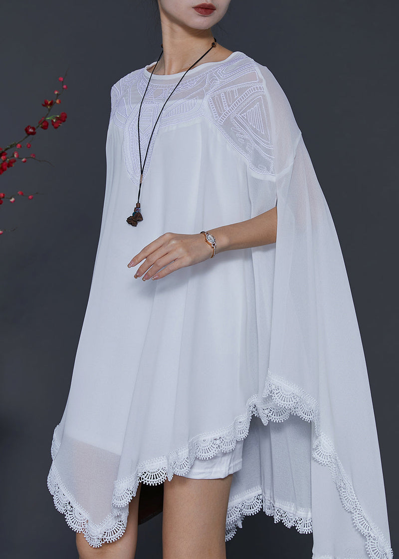 French White Embroidered Asymmetrical Chiffon Upf 50+ Shirt Summer