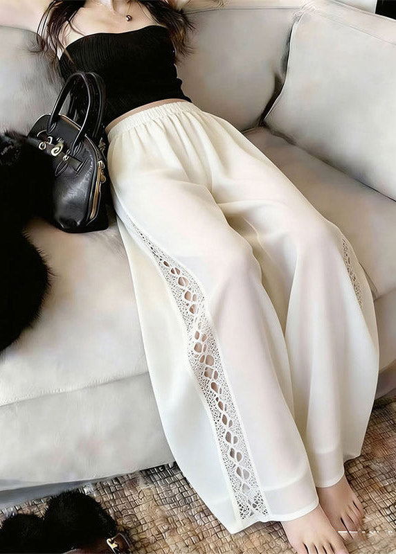 French White Hollow Out Straight Pants Summer