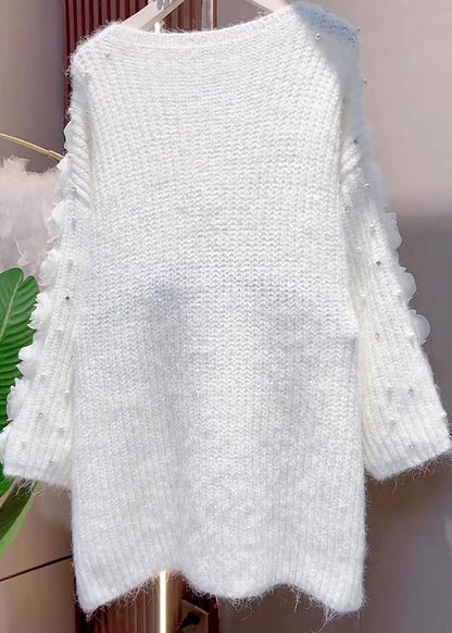French White O Neck Knit Sweater Dress Spring