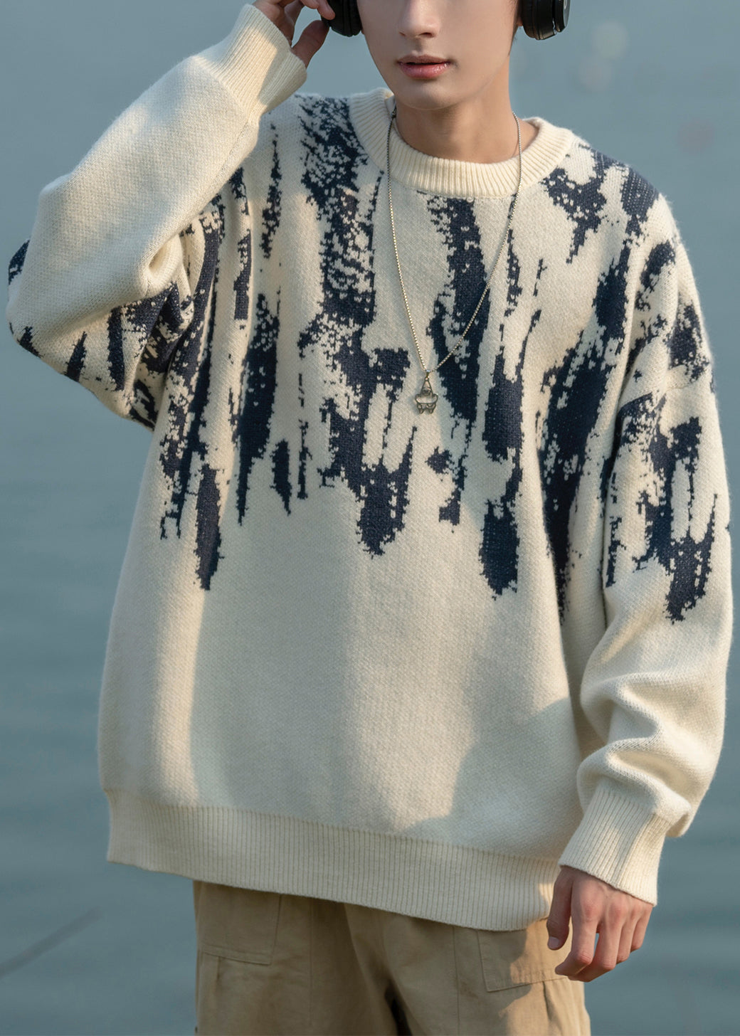 French White O Neck Geometric Knit Sweaters Fall