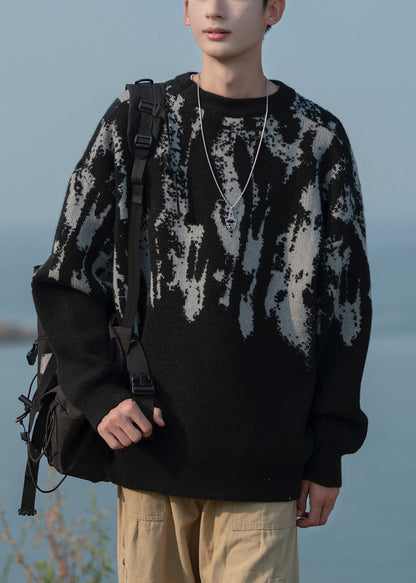 French White O Neck Geometric Knit Sweaters Fall