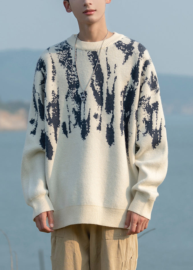 French White O Neck Geometric Knit Sweaters Fall