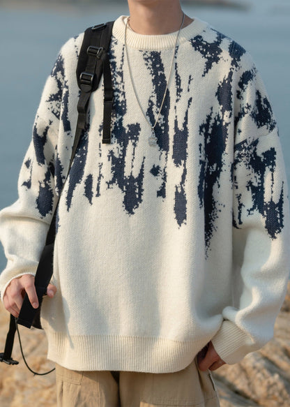 French White O Neck Geometric Knit Sweaters Fall