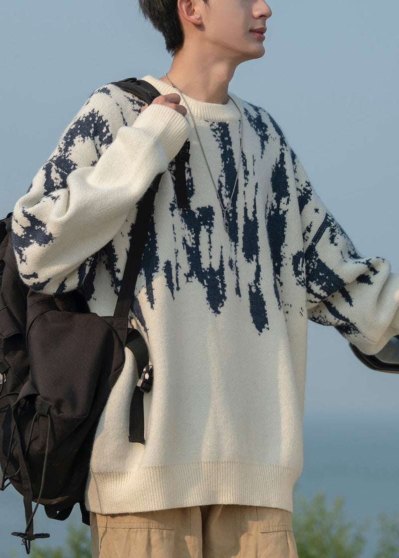 French White O Neck Geometric Knit Sweaters Fall