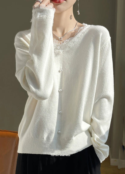 French White O-neck Lace Patchwork Cotton Knit Sweater Fall