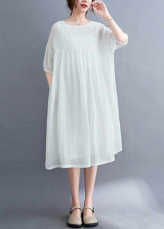French White O-neck Patchwork Maxi Dress Short Sleeve